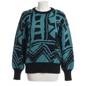 Vintage 80s Rickwils Back to Back Teal Black Geometric Pattern Sweater Medium M